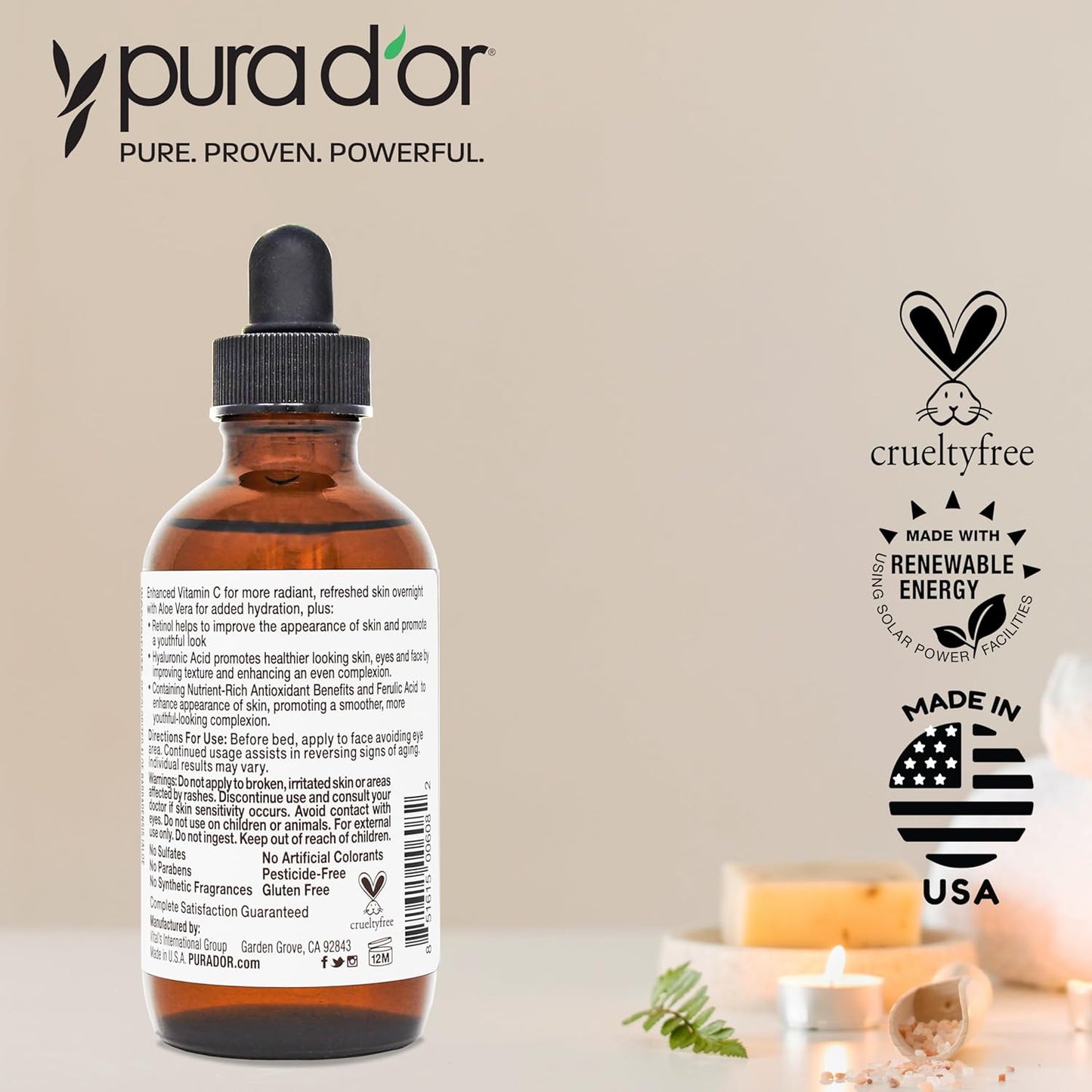 PURA D'OR 20% Vitamin C Face Serum 4 Oz – Simple, Effective Formula for the Uncluttered Bathroom Shelf