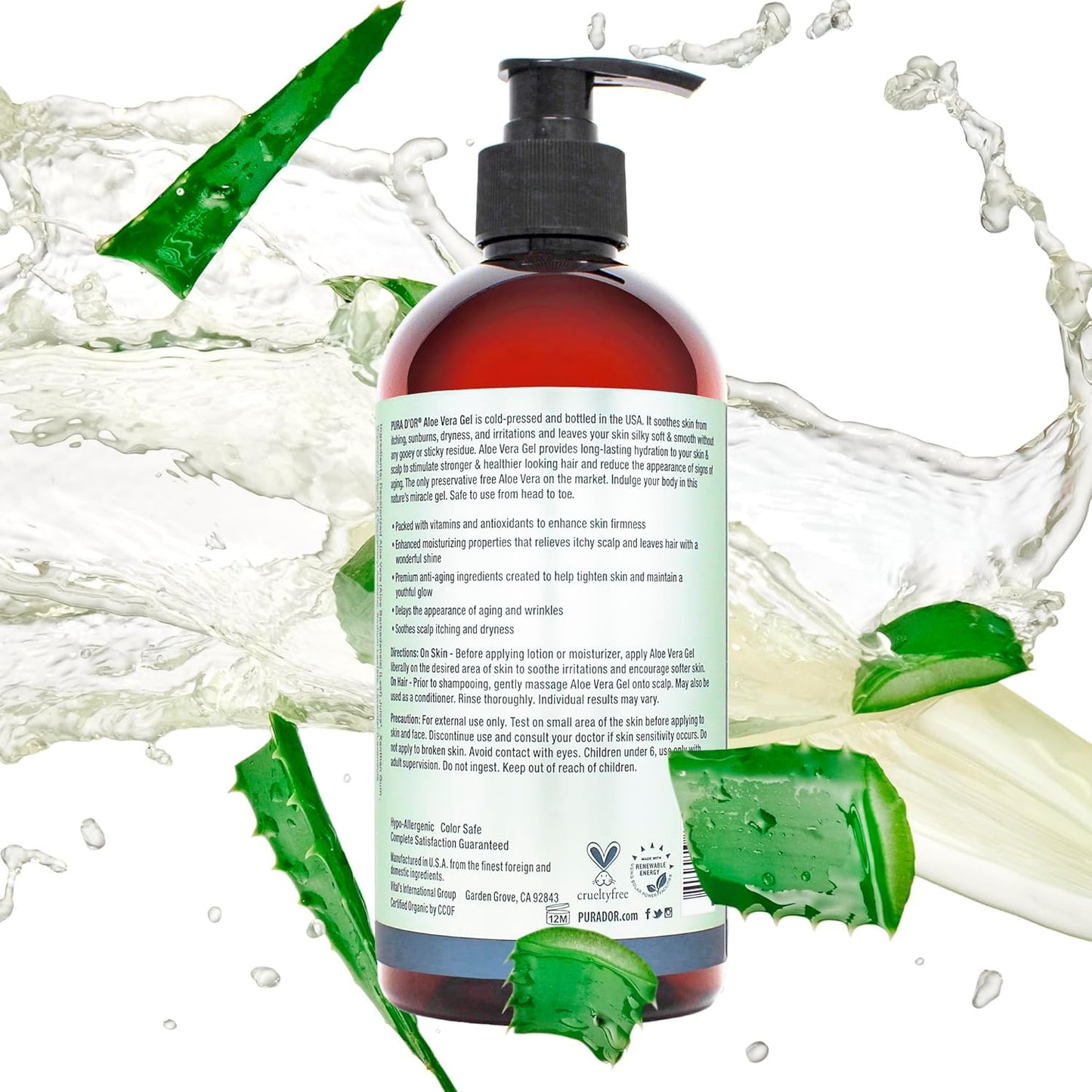 PURA D'OR Aloe Vera Gel 16 Oz – Premium Self Care Gift for Wife Valentines Day and Christmas