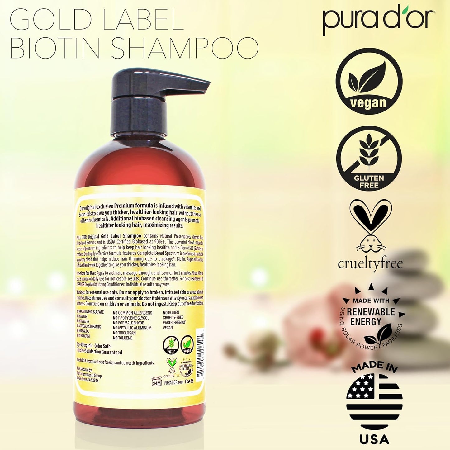 PURA D'OR Biotin & Argan Shampoo – Worry-Free Strengthening Treatment for Delicate, Breakage-Prone Hair