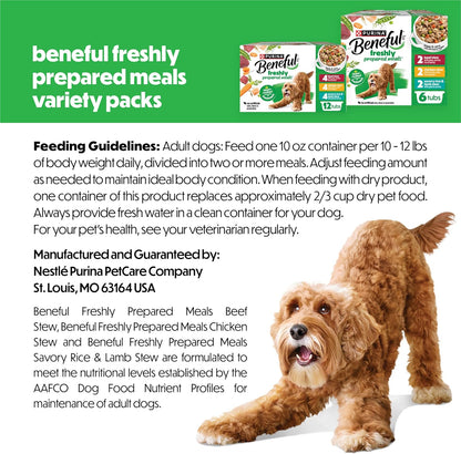Purina Beneful Stew Wet Dog Food Variety - High-Protein Beef, Chicken, Lamb Recipes for Active Adult Dogs, Real Vegetables and Grains, 10 oz Tubs, 12 Pack