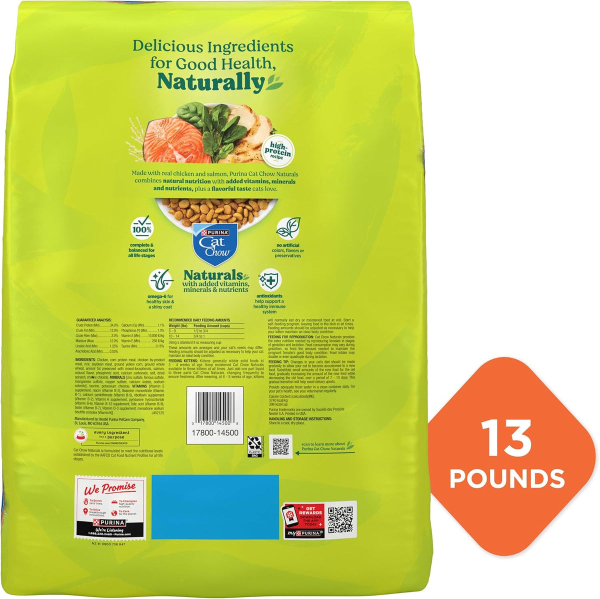 Purina Cat Chow Naturals High Protein Dry Cat Food, 13 lb – Stylish Resealable Bag for Organized Pet Pantry Storage