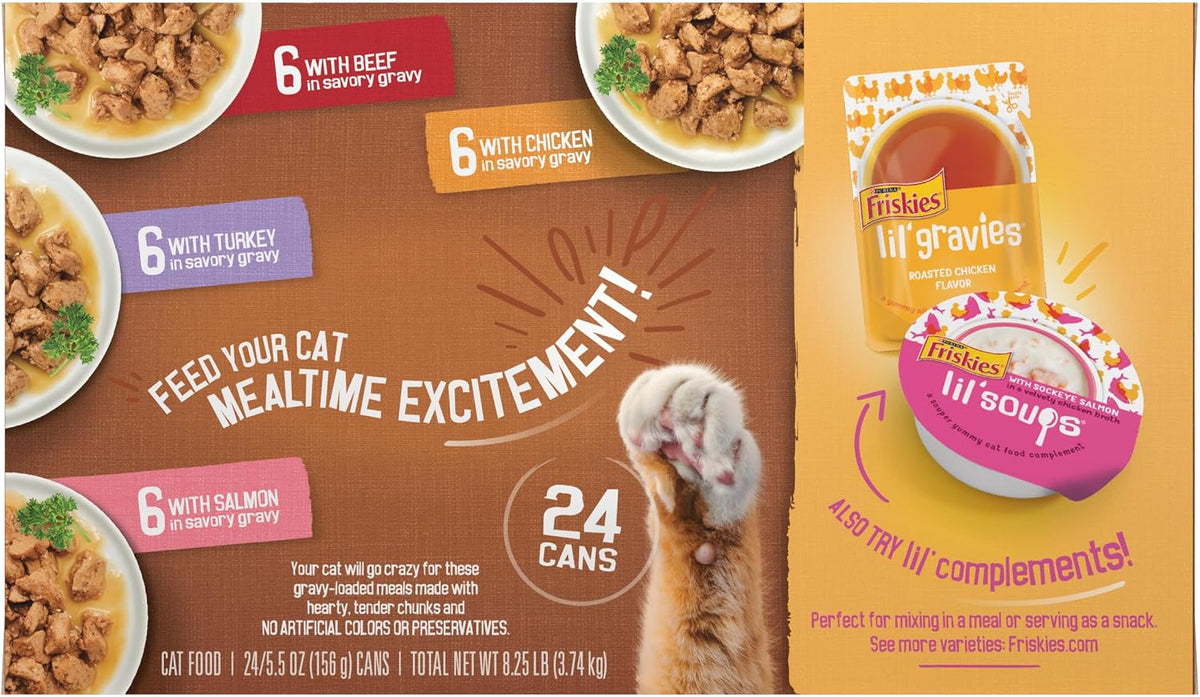 Purina Friskies Extra Gravy Chunky Wet Cat Food Variety – One Case Four Recipes for Clutter Free Pet Pantries, 24 x 5.5 oz