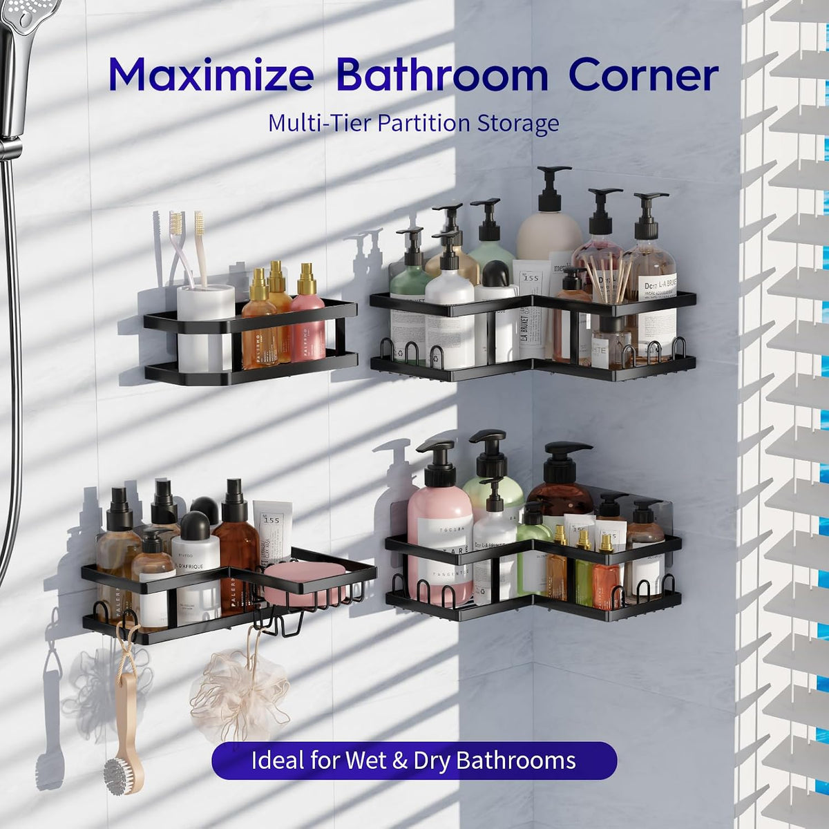 raised anti-slip edges to keep bottles from falling during shower use