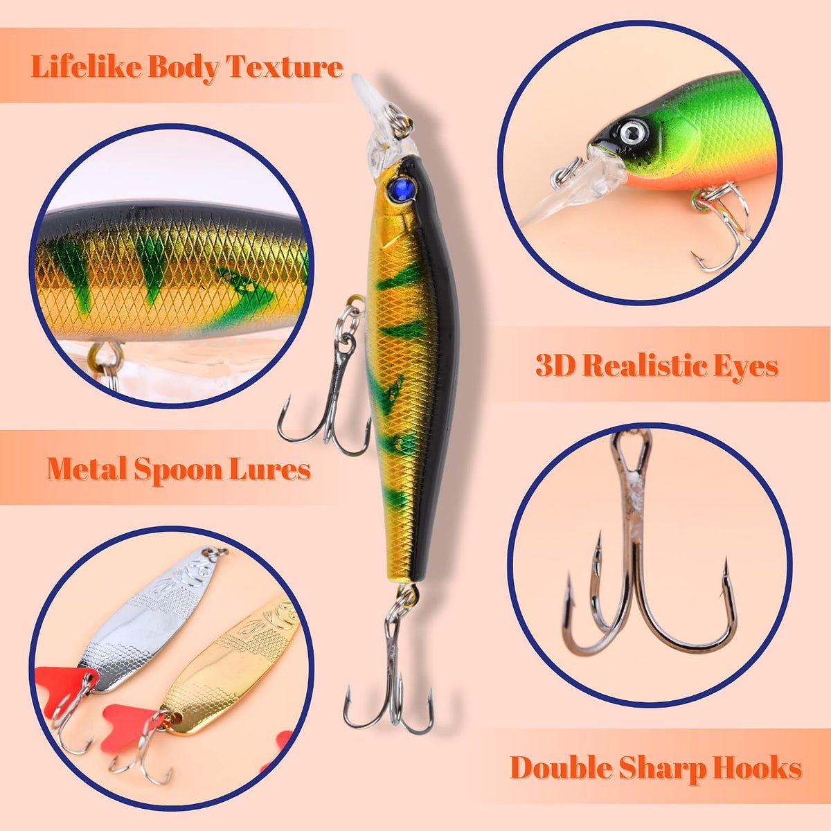 realistic 3d eyes, holographic finishes, lifelike swimming action and razor-sharp treble hooks on each lure