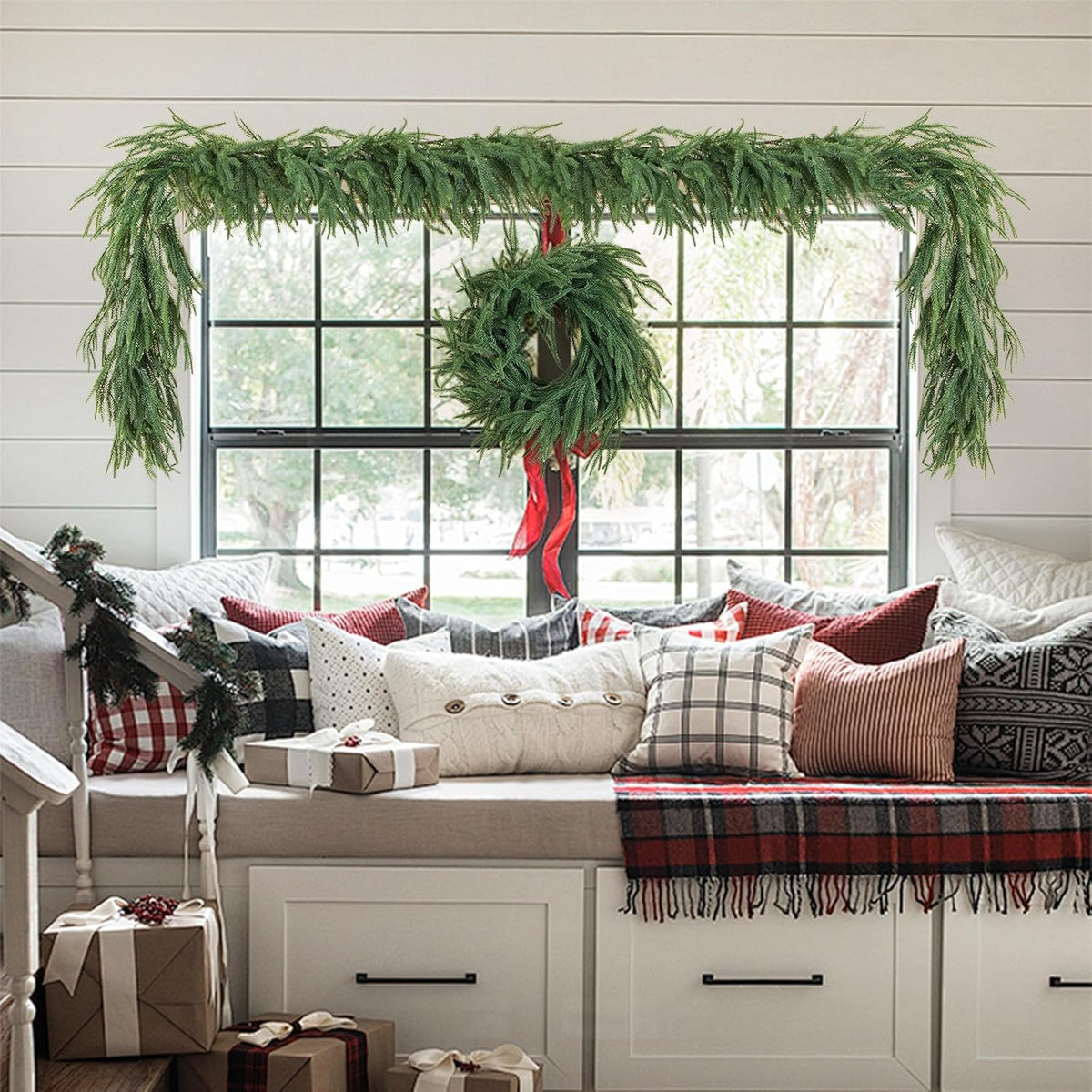 Brand Name 9-Foot Norfolk Pine Garland for Dining Room Table, Front Door Wreath and Cozy Home Decoration