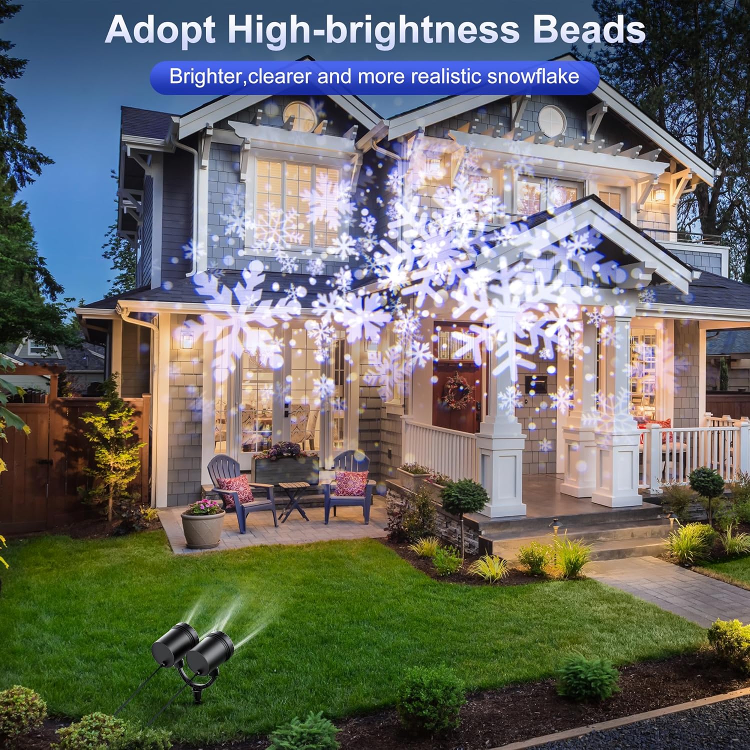 recommended 16.4ft to 32.8ft projection distance for large, bright snowflake display