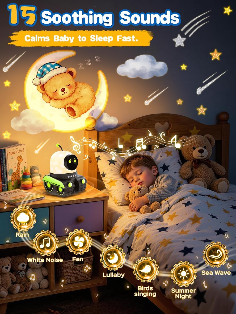 remote and touch controls with adjustable volume, three brightness settings, and a 15 or 30-minute auto-off timer