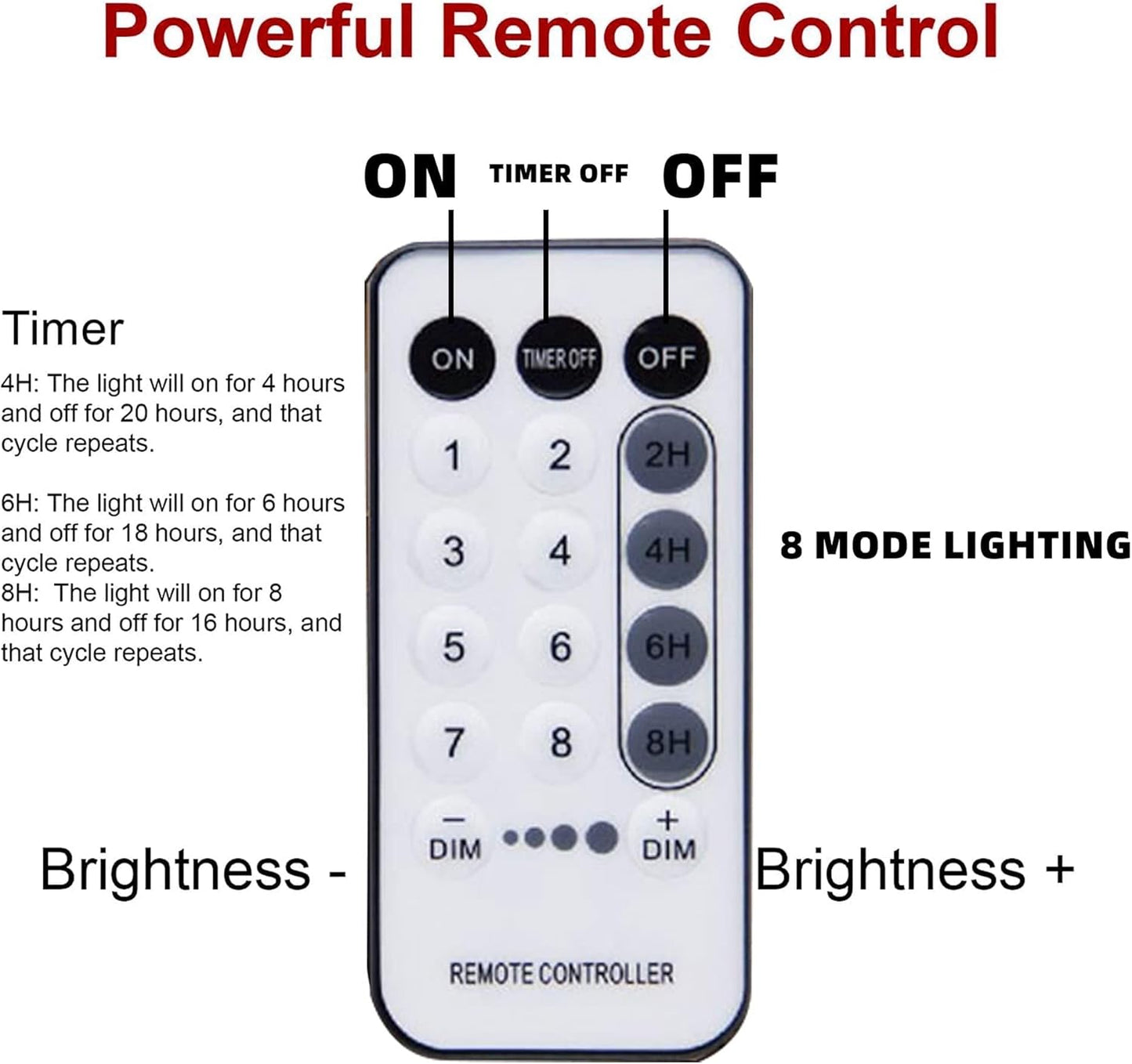remote control with 2h/4h/6h/8h timer and 4-level brightness adjustment