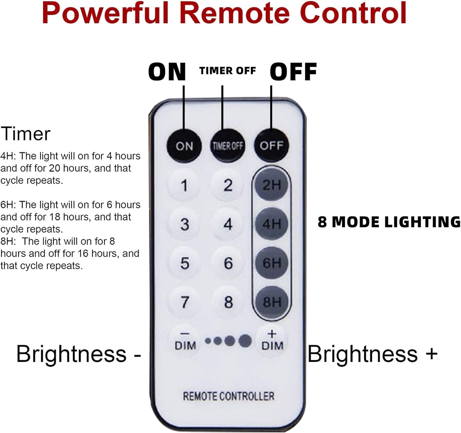 remote control with 2h/4h/6h/8h timer and 4-level brightness adjustment