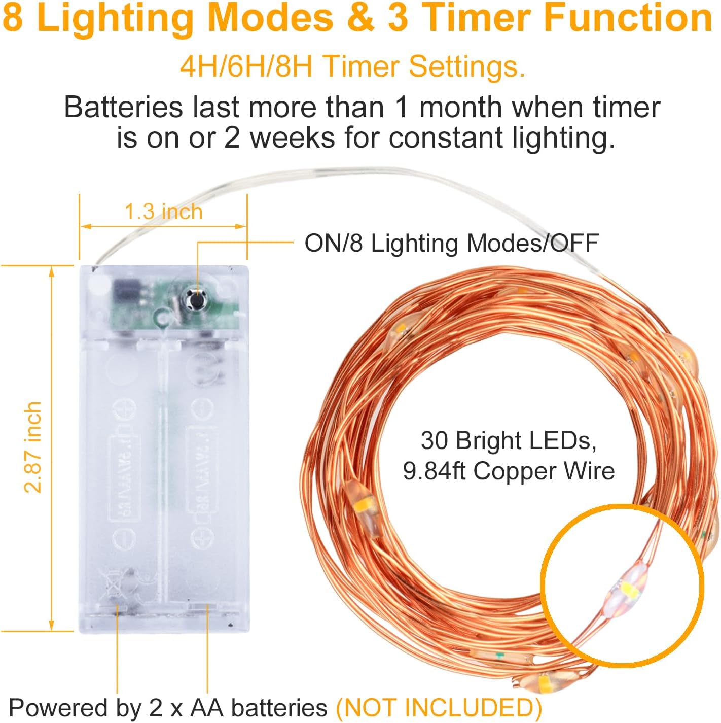 remote control with 8 lighting modes, 4h/6h/8h timer, and brightness dimming