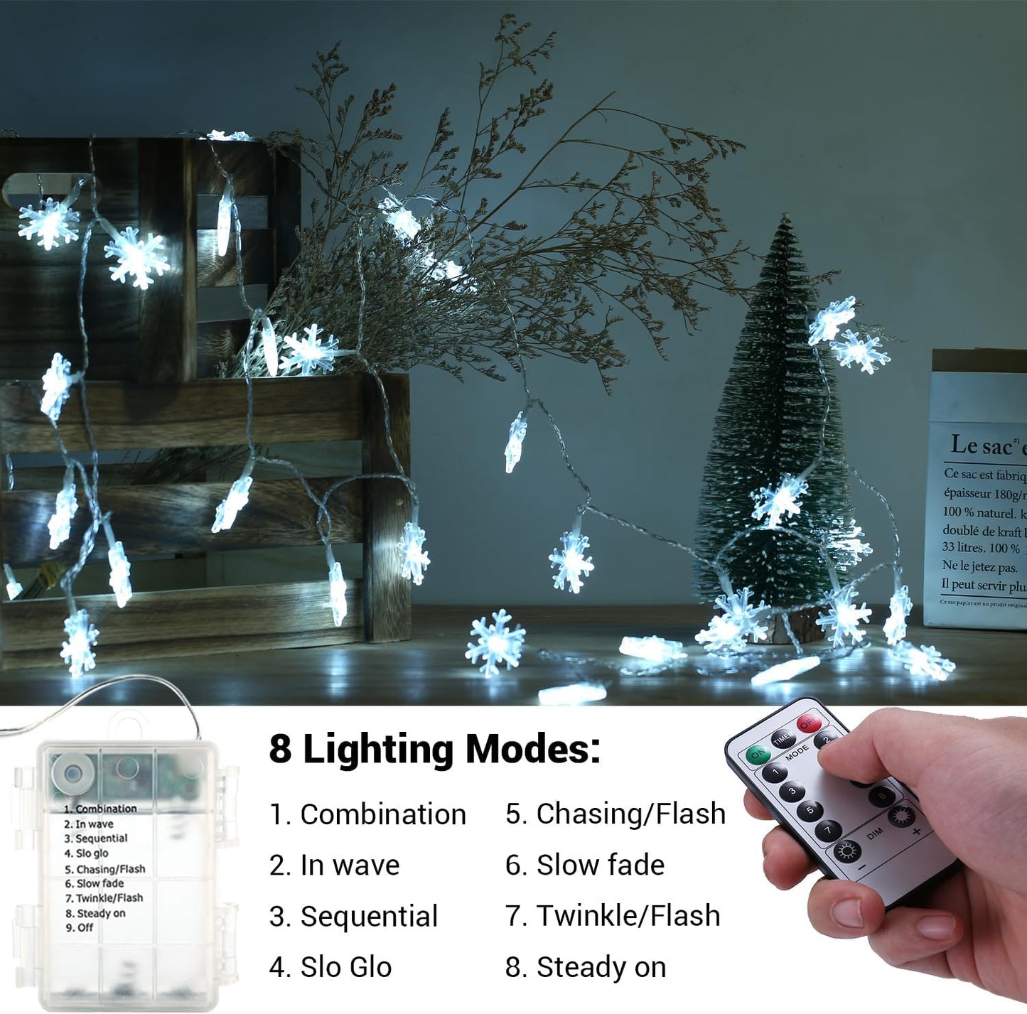 remote control with on/off, timer, mode switching, and 4-level brightness adjustment