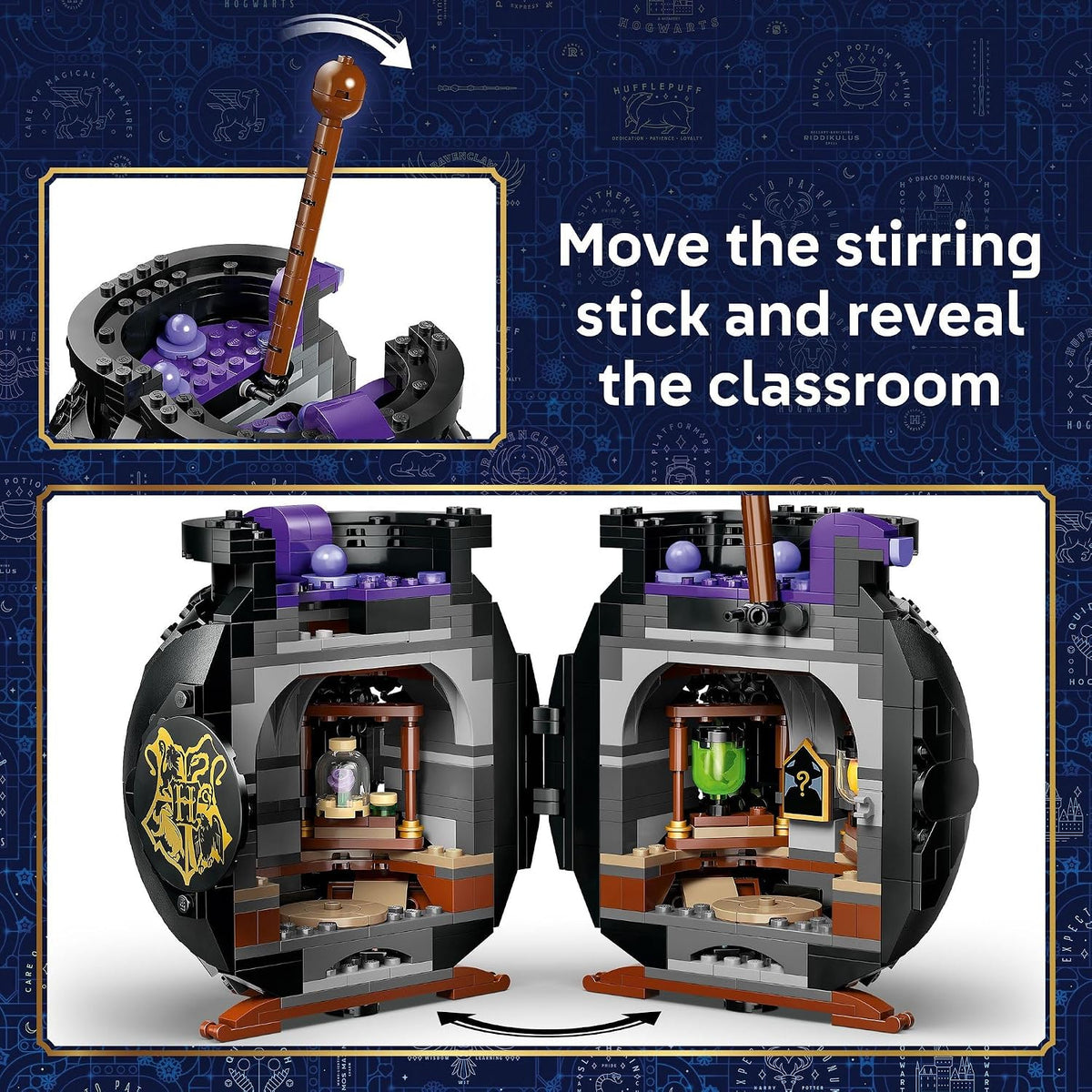 removable interior tables, blackboard, potion bottles and ingredient bricks for wolfsbane, polyjuice and love potions