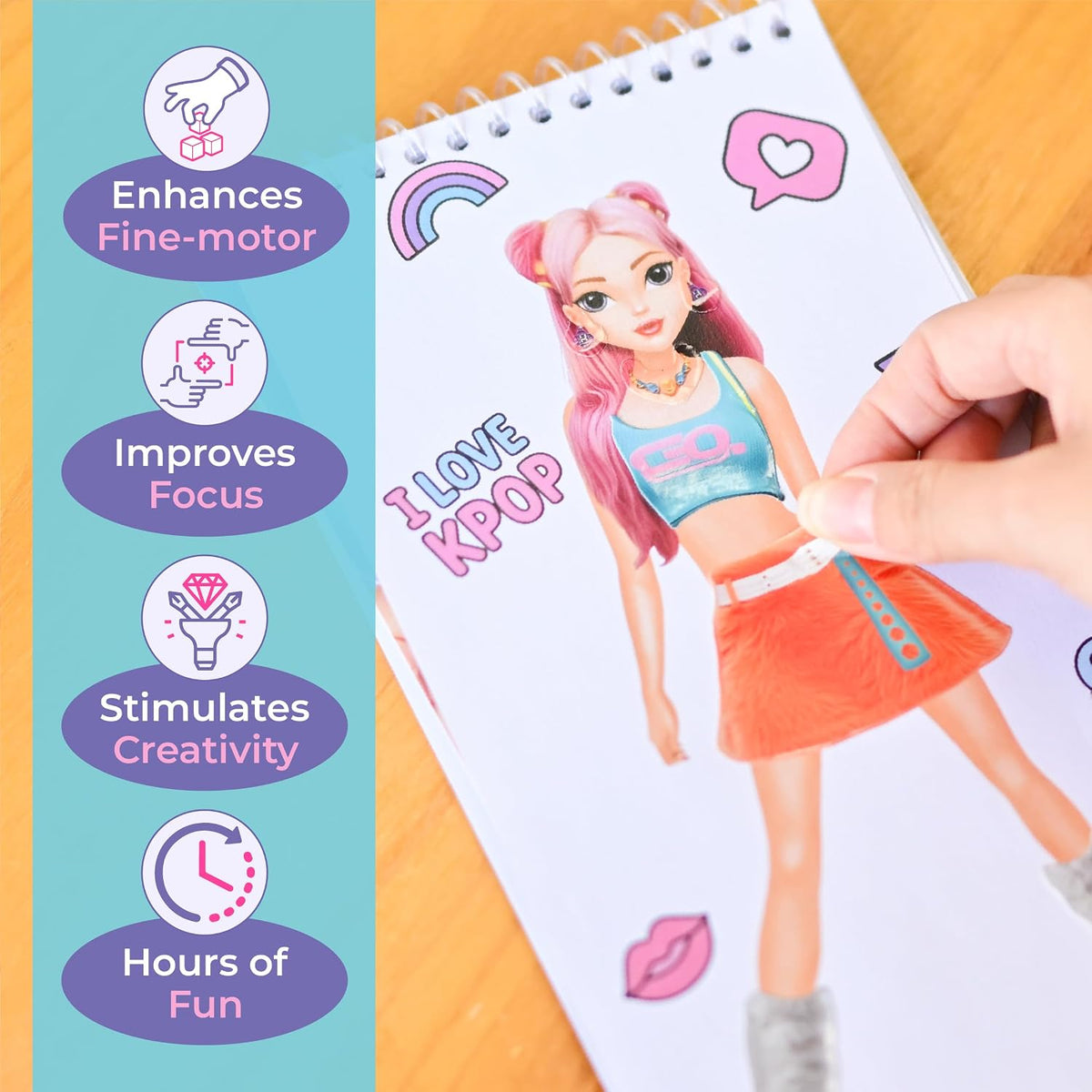 removable sticker feature allowing kids to redo designs and experiment without ruining the book