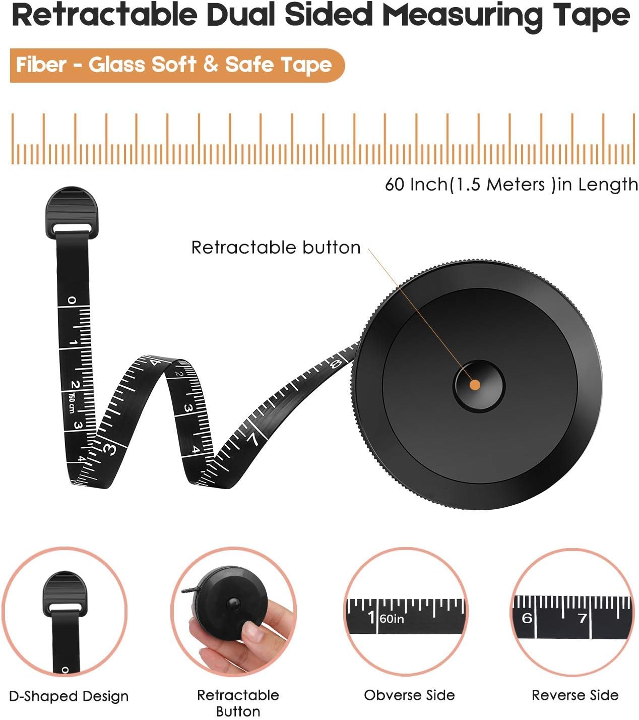 retractable black tape with push-button lock for controlled extension and rewinding