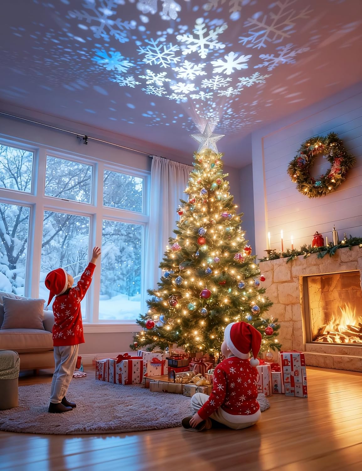 rotating magic ball projector casting cool white snowflake patterns