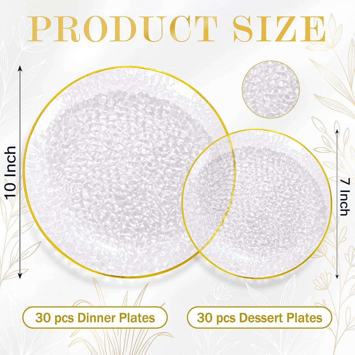 round, modern design with a hammered clear finish and decorative gold rim on the featured version