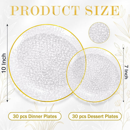 round, modern design with a hammered clear finish and decorative gold rim on the featured version