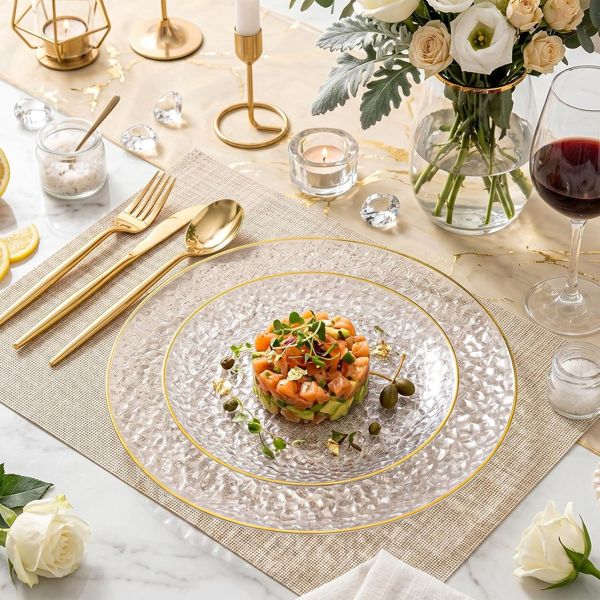 LUXFUN Hammered Plastic Dinner and Dessert Plates – Practical Outdoor Table Setting for Parties and Events