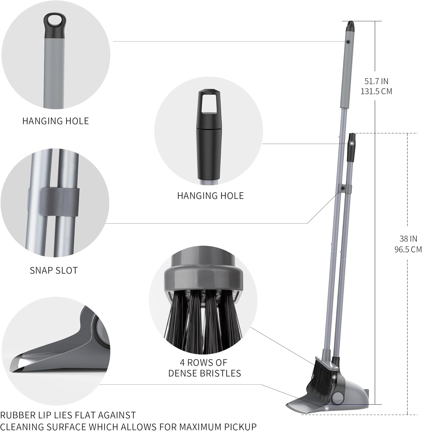 rubber lip on dustpan for flush floor contact and maximum pickup