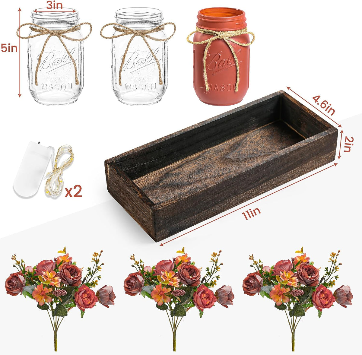 Rustique Glow LED Mason Jar Centerpiece – Elegant Wedding Gift for Couples, Rustic Home Decor with Wooden Tray