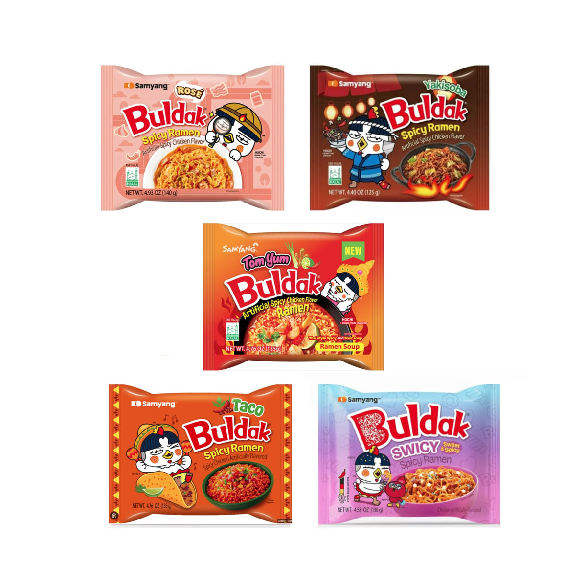 Samyang Buldak Chicken Stir Fried Ramen Korean Ramen (5 Flavor Combo, 5 Pack)