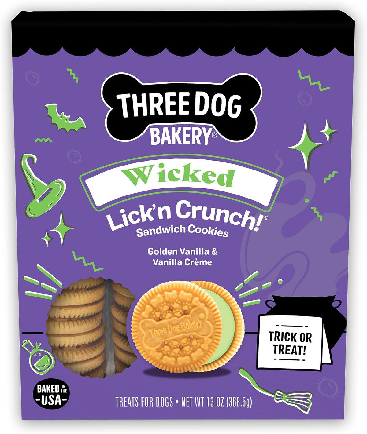sandwich cookie format with vanilla crème filling mimicking human oreo-style treats