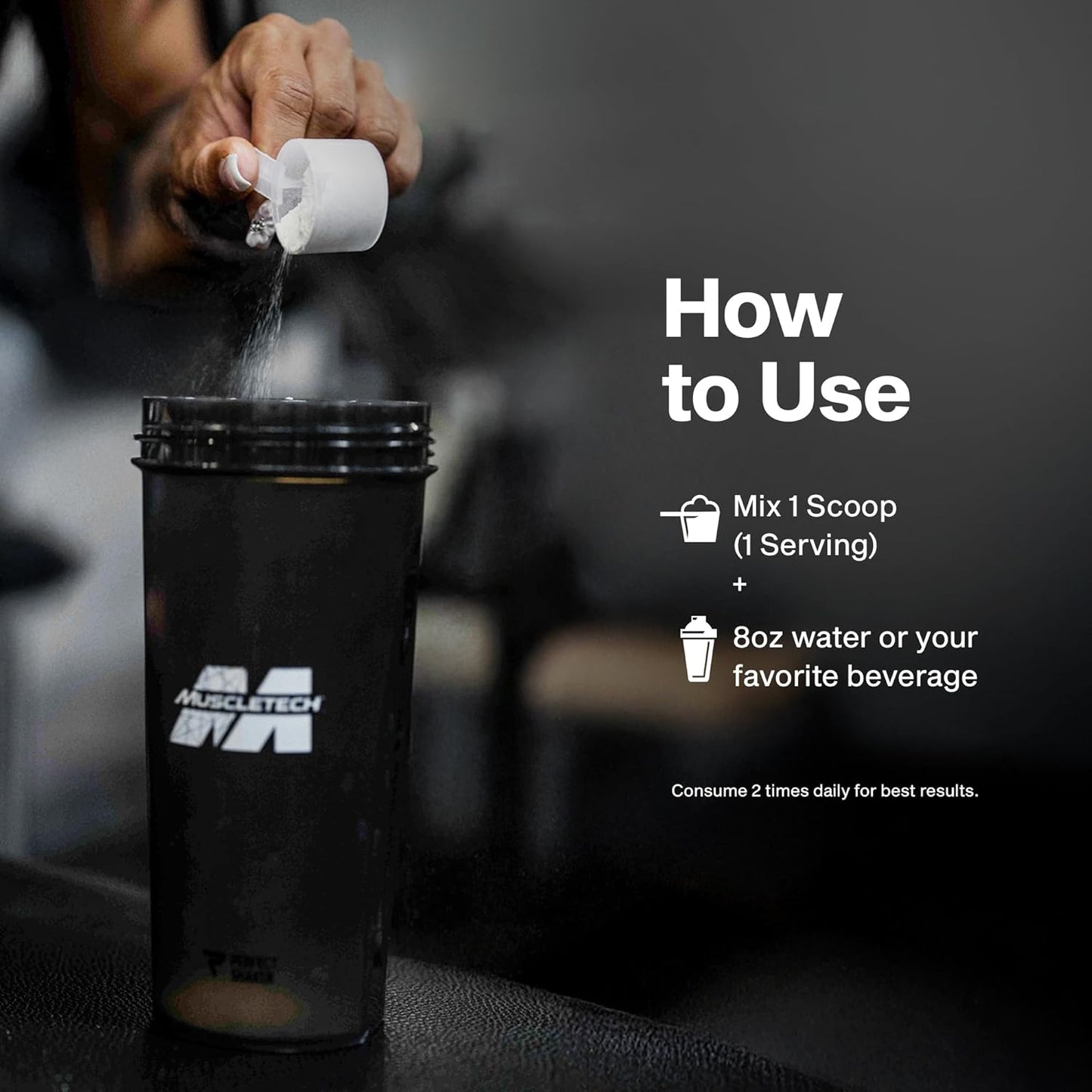 scoop-based dosing (1 scoop with water or beverage, 2 servings daily)