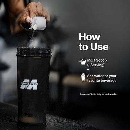 scoop-based dosing (1 scoop with water or beverage, 2 servings daily)