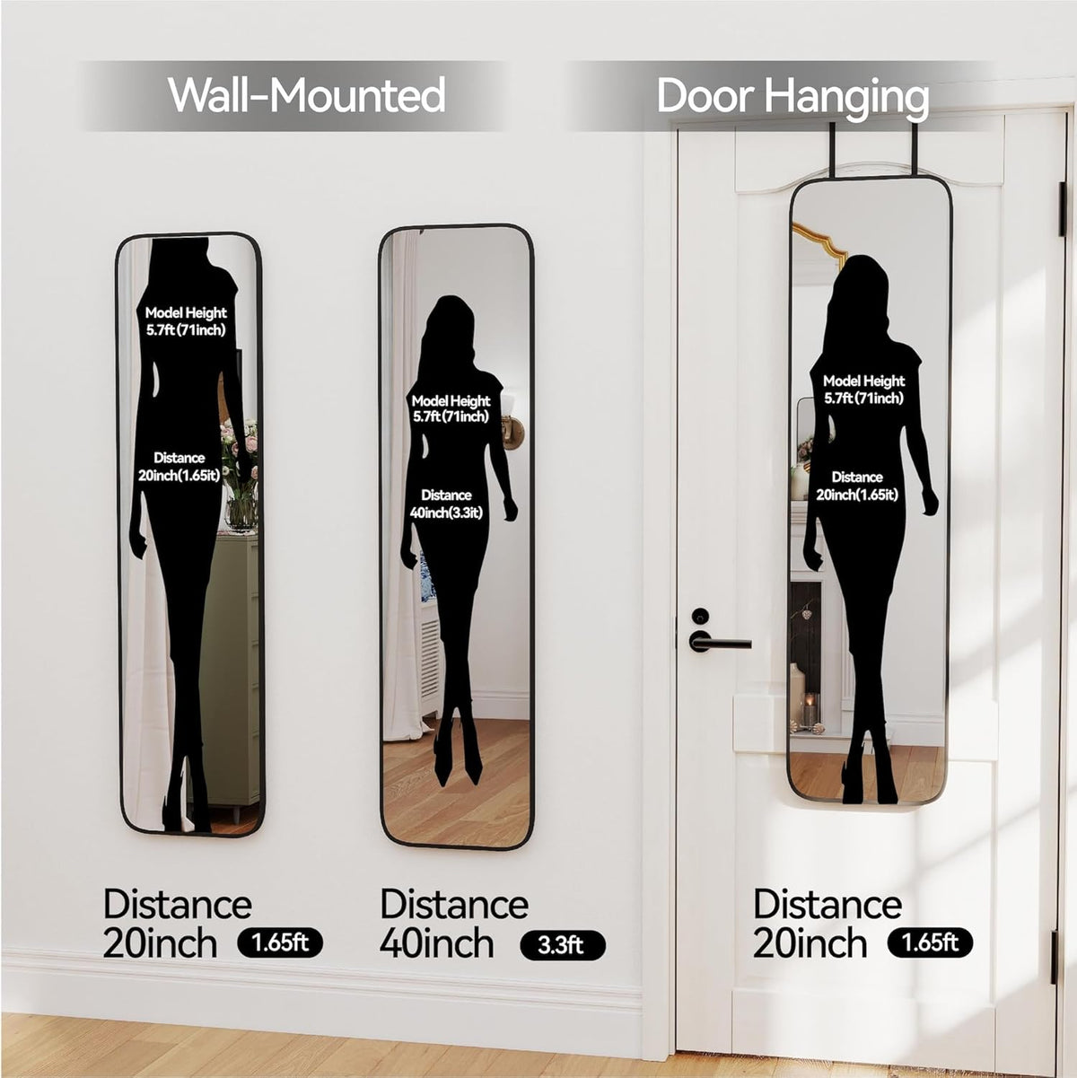 SCWF-GZ Full Length Mirror – Above Dresser Accent, Distortion-Free HD Reflection with Three Designer Frame Finishes