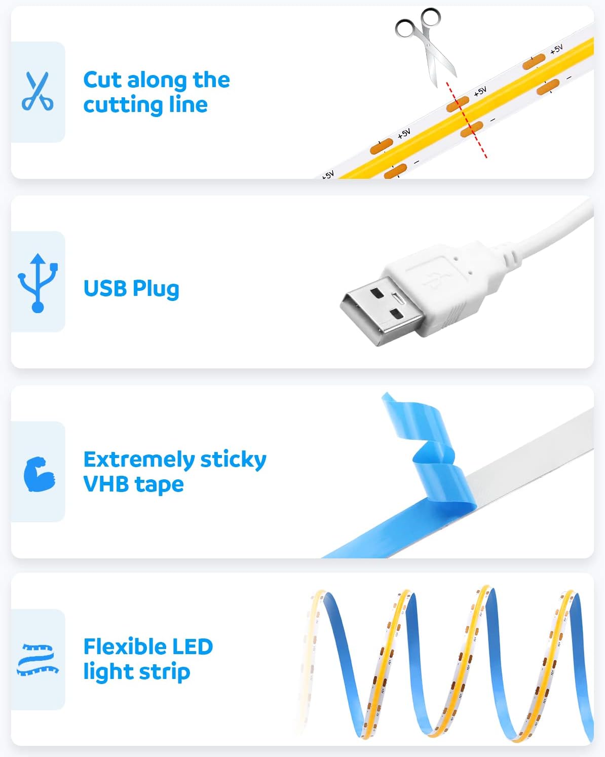 self-adhesive backing on flexible 8mm fpcb strip that bends freely and fits narrow spaces
