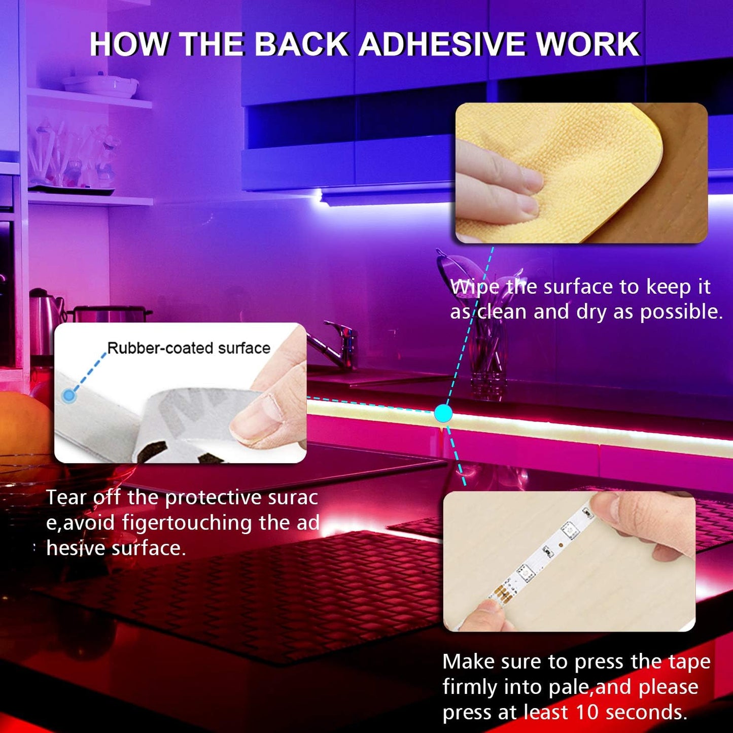 self-adhesive backing tape for tool-free mounting on flat clean surfaces