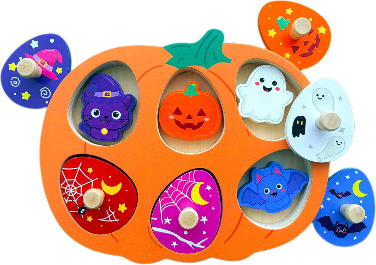 set of 12 pieces: 6 colorful egg-shaped lids paired with 6 halloween/christmas character inserts