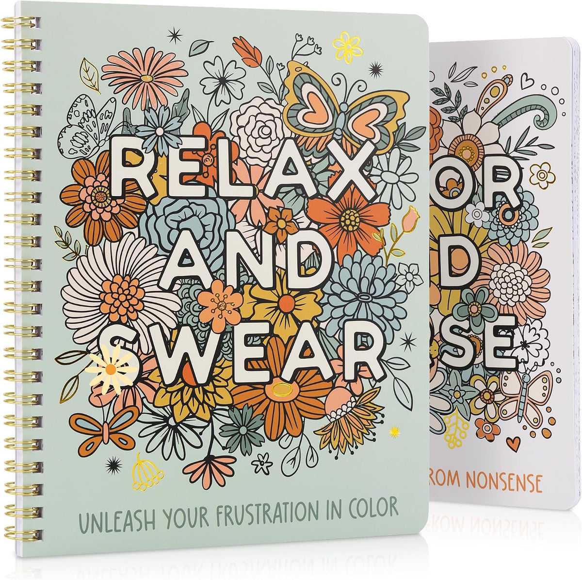 set of 2 spiral-bound coloring books (wander woodland theme + petals floral theme)
