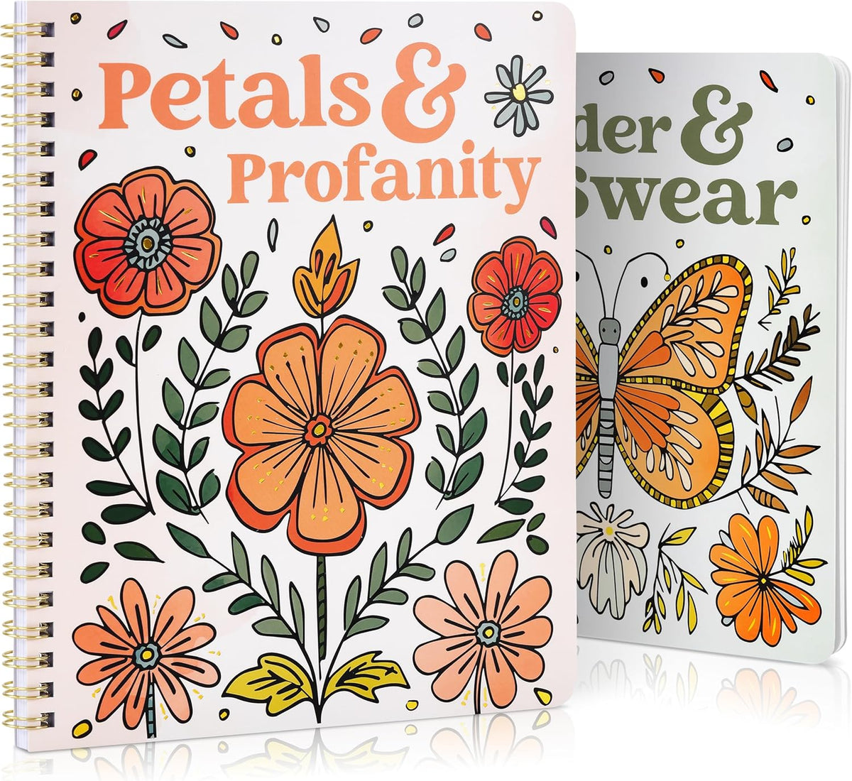 set of 2 themed books: 'wander' (woodland animals/nature) and 'petals' (floral designs)