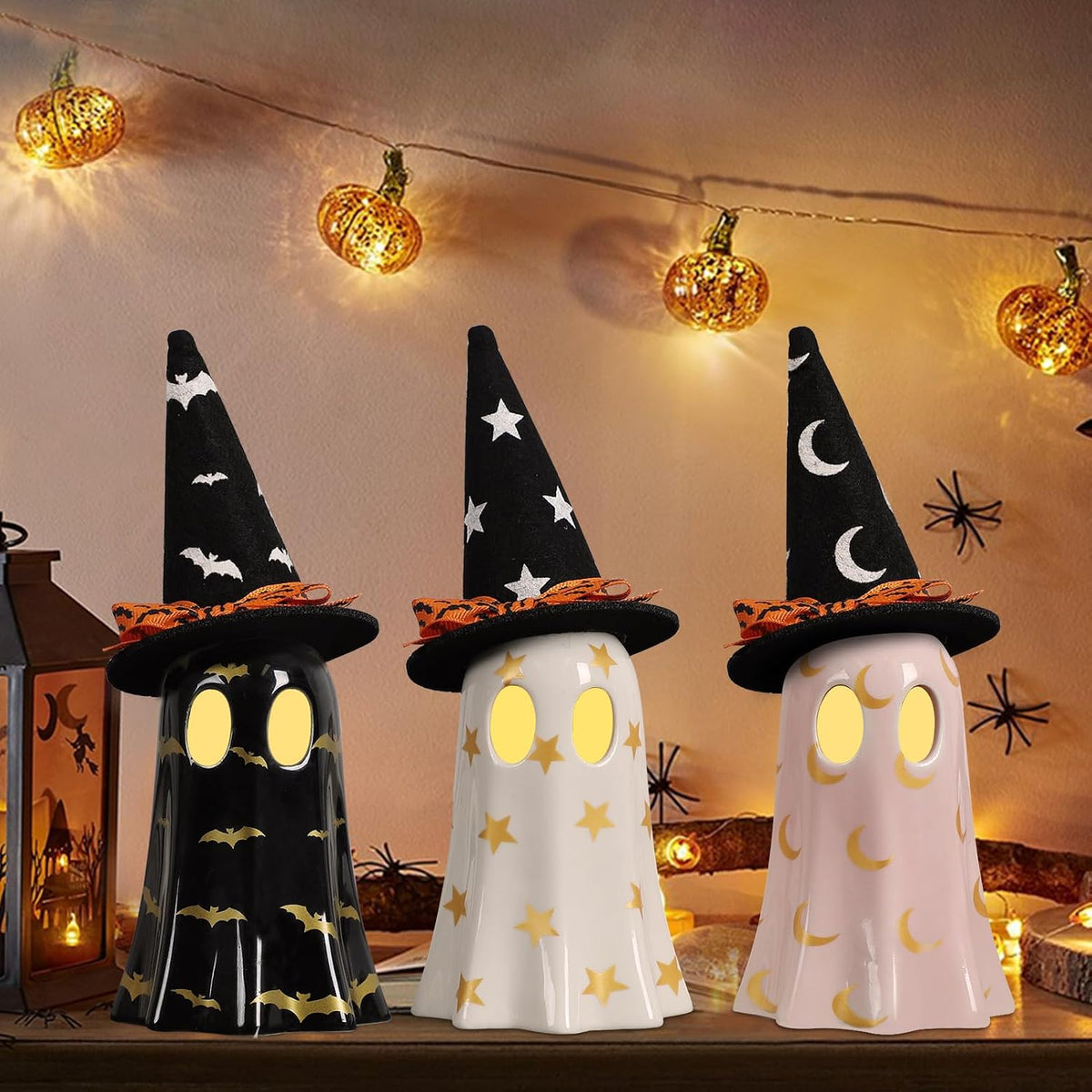 set of 3 free-standing ceramic ghost figurines