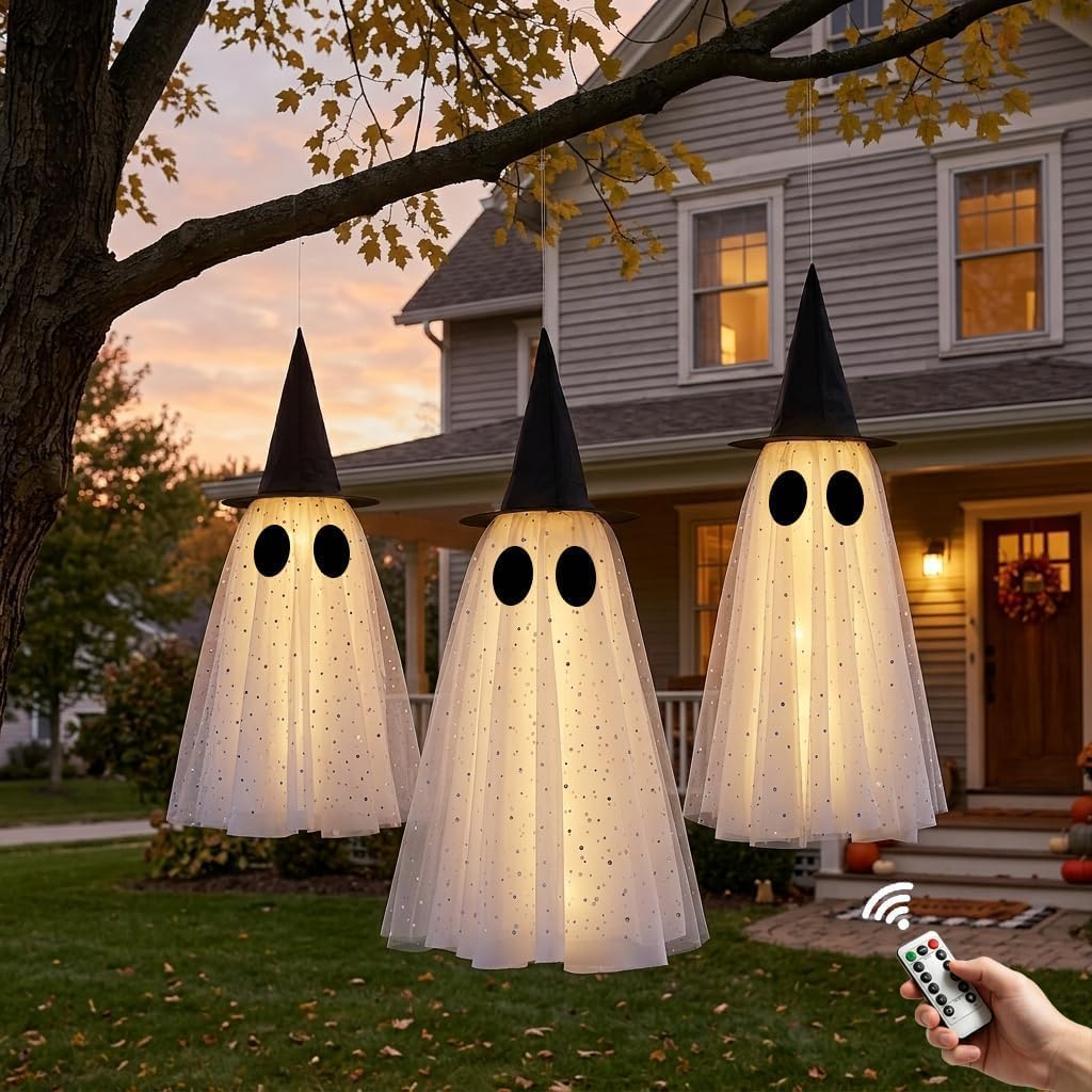 set of 3 hanging ghosts in varying sizes paired with black witch hats