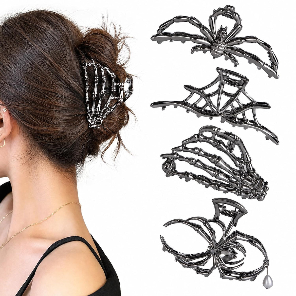 set of 4 hair clips with spider, spider web, and skeleton hand designs