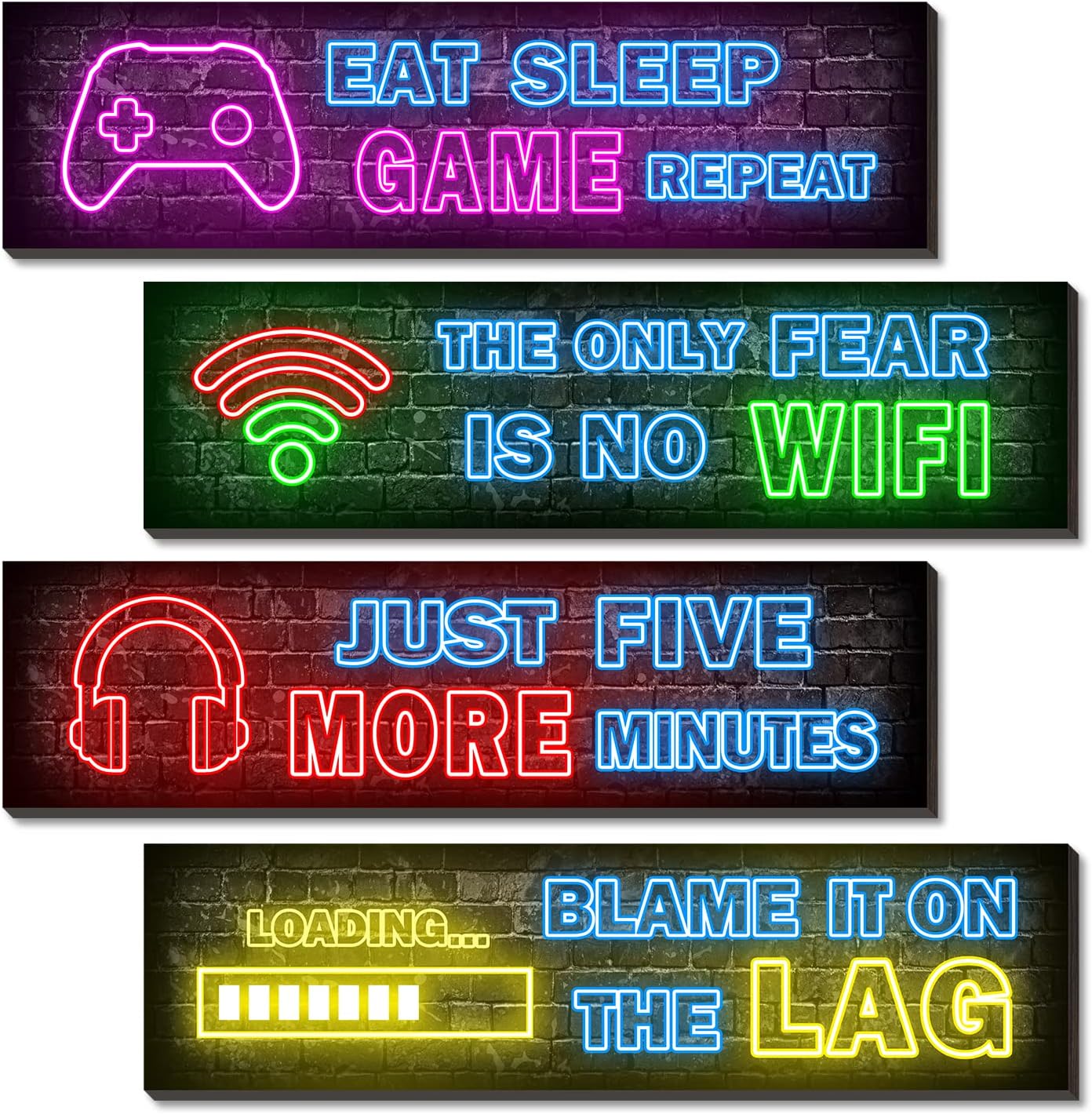 set of 4 pre-printed wooden posters in different neon gaming styles