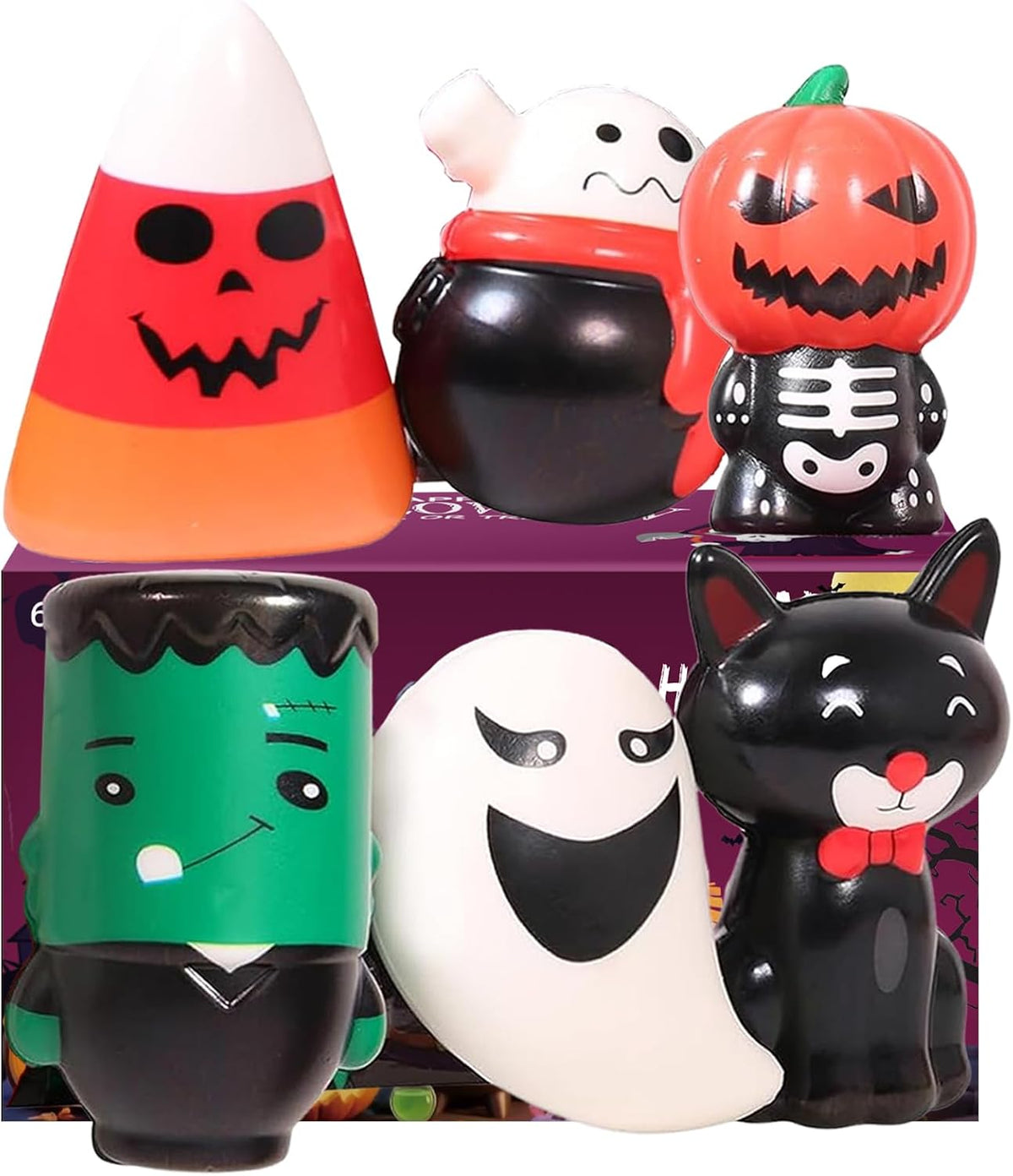 set of 6 slow-rising squishies in distinct halloween character designs (vampire, pumpkin, skull, black cat, mummy, bat)