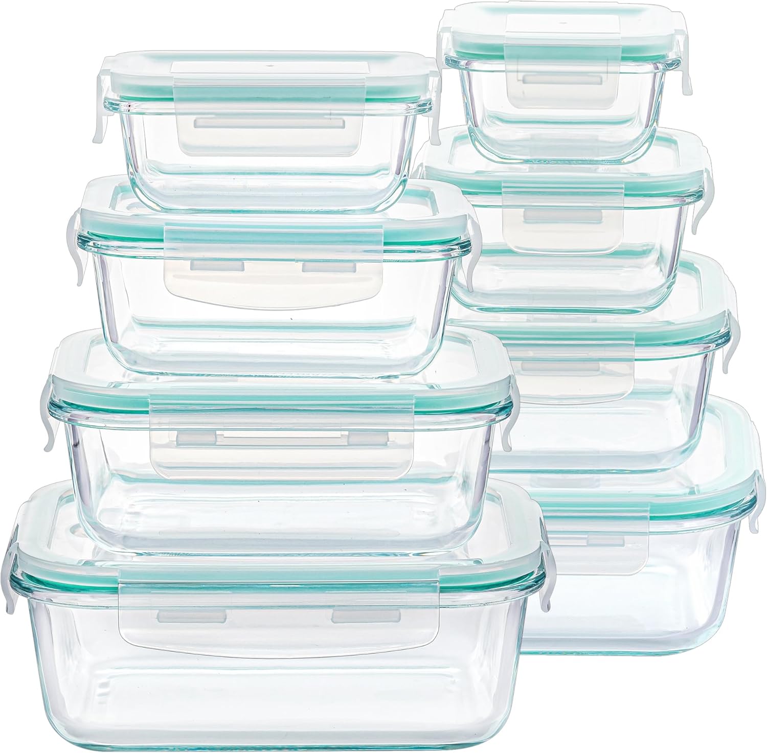 set of 8 borosilicate glass containers in 4 rectangle (5oz-35.1oz) and 4 square (6.8oz-27.1oz) sizes