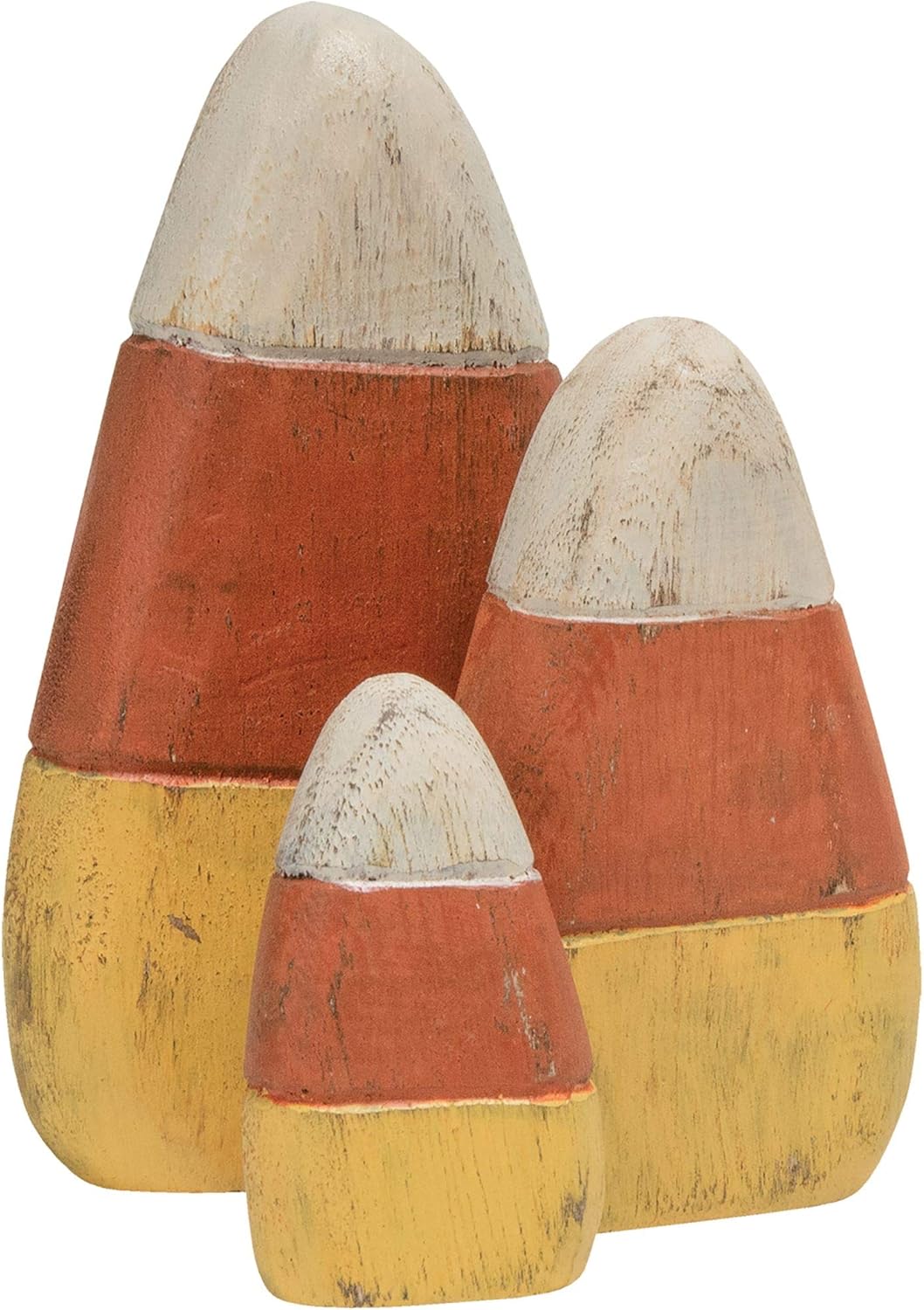 set of three wooden candy corn shapes in graduated sizes (3", 4.75", 5.75" tall)