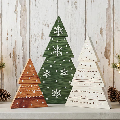 set of three wooden tabletop christmas trees in graduated complementary sizes