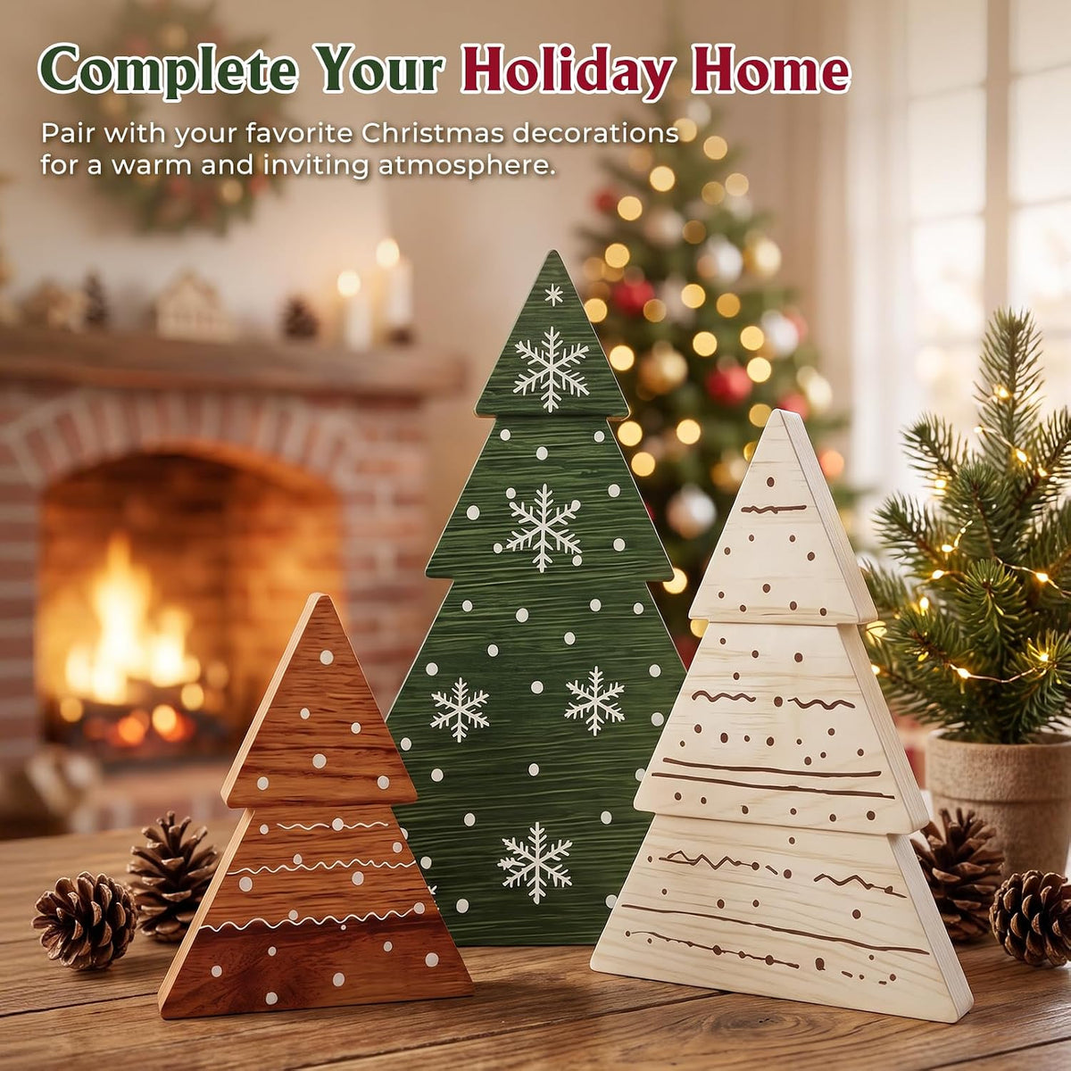 KLYRO Solid Wood Holiday Tree Vignette – Warm Seasonal Layering Piece for Tiered Tray, Fireplace Mantel, and Nightstand