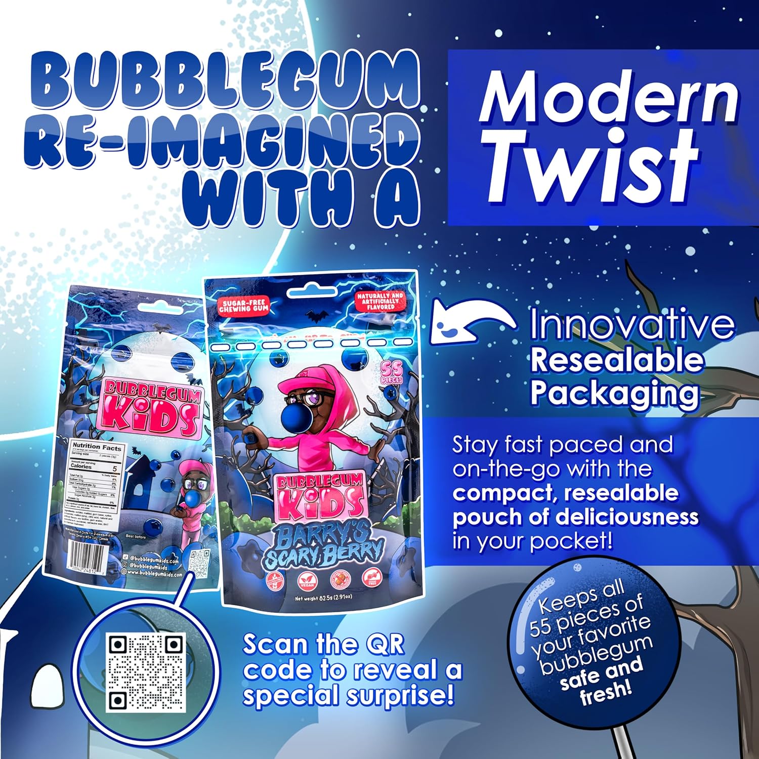seven flavor and pack-size variants including classic, banana, blueberry, strawberry, and watermelon