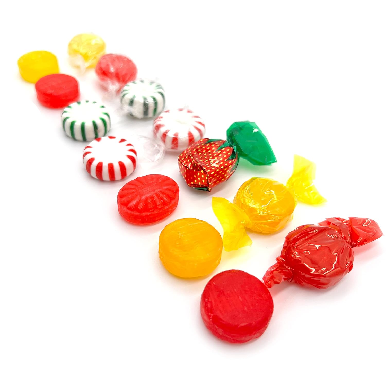 seven included flavor varieties: strawberry bon bons, spearmints, peppermints, cinnamon, butterscotch discs, lemon, and cherry