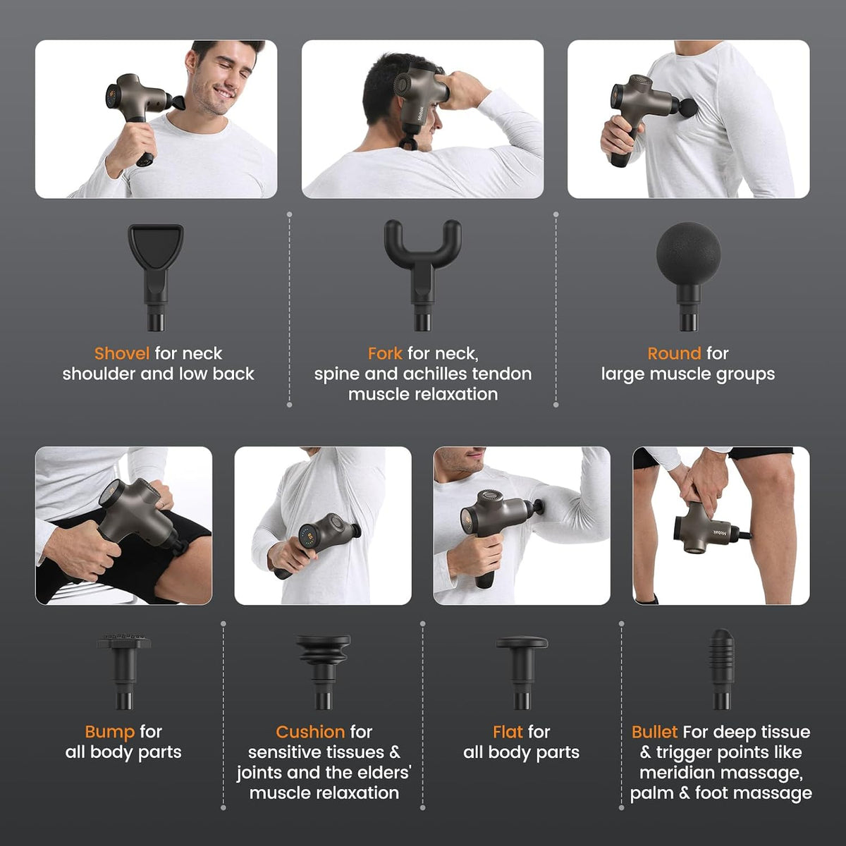 seven interchangeable massage heads and five speeds ranging from 950 to 3000 rpm