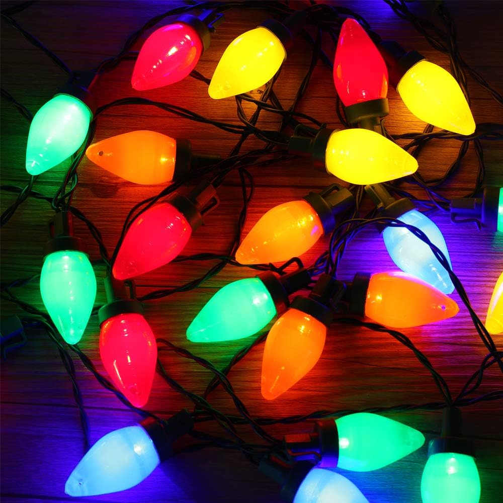 shatterproof plastic c7 bulb construction in four color variants: multicolor, red, white, green
