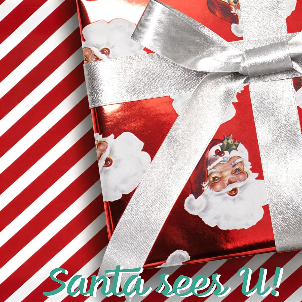 LaRibbons Christmas Foil Wrapping Paper for Family Gift Exchanges, 33-Foot Santa and Candy Cane Roll for Mixed-Size Presents