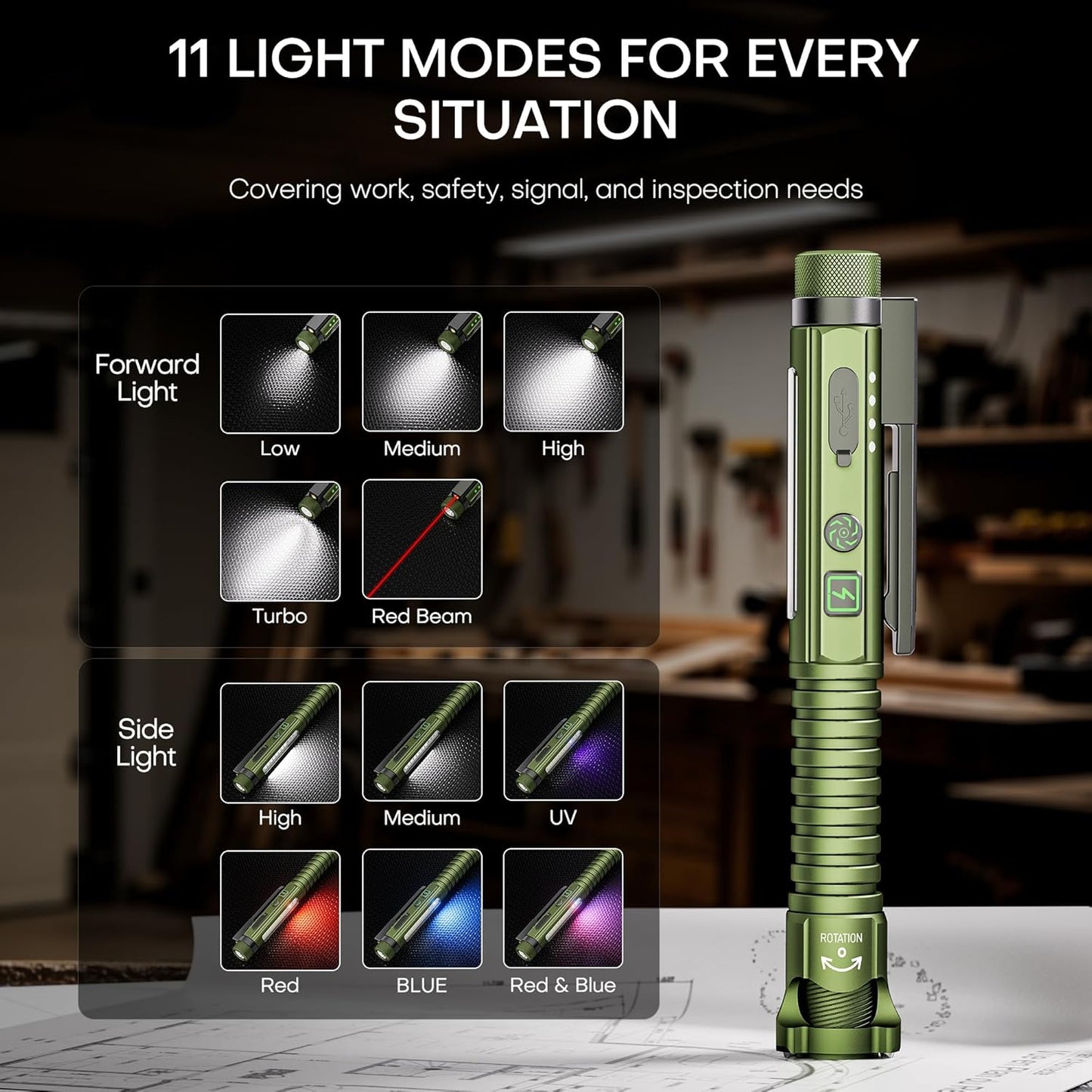 side light with white, red, blue, and red-blue flash modes (11 total settings)