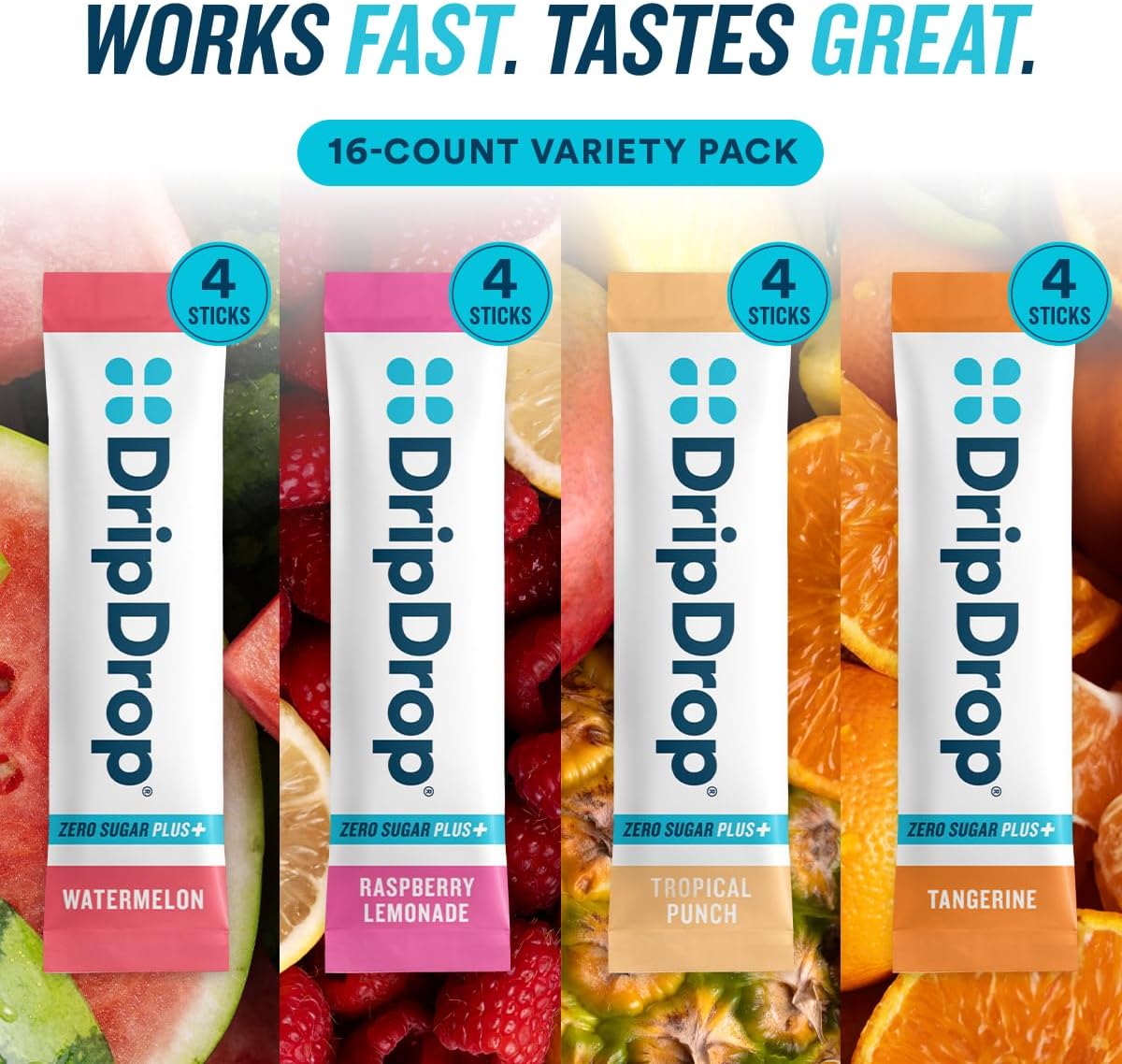 single-serve 16oz powder sticks in resealable variety packs (8, 16, or 32 count options)